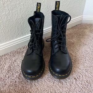 Dr. Martens Black Leather Combat Boots with Yellow Stitching